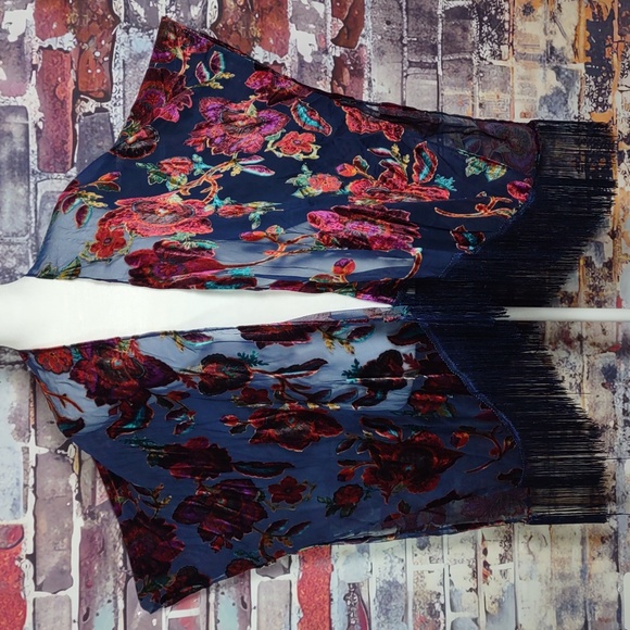 Navy Blue Mesh Kimono Jacket w/Multi Color Velvet Flowers - Picture 1 of 6